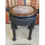 A Chinese marble inset carved padauk table / jardiniere stand (61cm tall,