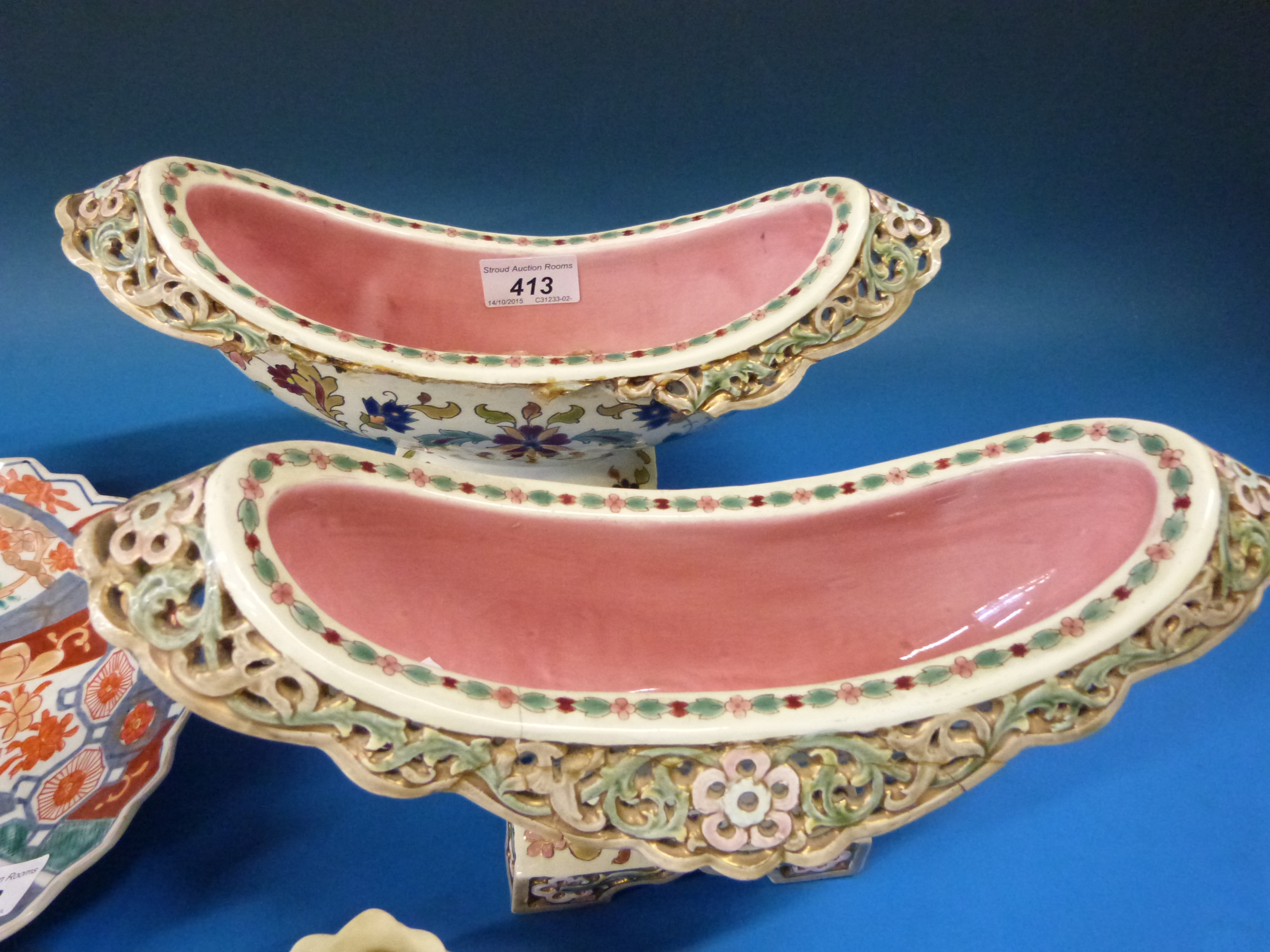 A pair of pierced oval jardinieres, probably by Zsolnay Pecs together with a Japanese Imari dish, - Image 2 of 4