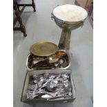 A quantity of metalware to include stainless steel King's pattern cutlery, copper pans,