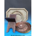A collection of Eastern trays and carved book safe,