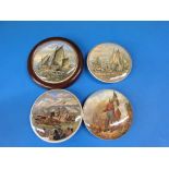 Four Prattware pot lids comprising two of fishing boats,