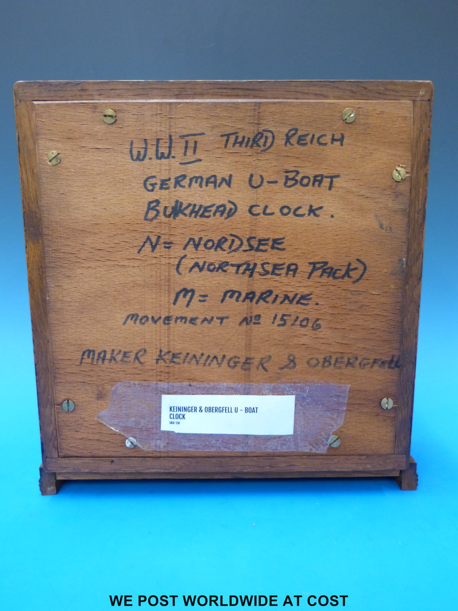 A WW2 Nazi German U-boat bulkhead clock in period oak case as used on shore bases, - Image 5 of 7