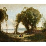 After Jean-Baptiste Camille Corot Figures in a Wooded River Landscape bears signature oil on panel