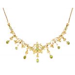 Edwardian peridot and seed pearl necklet, retailed by Morrison & Chapman Jewellers, Barnstaple claw-