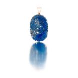Chinese lapis lazuli pendant oval, pierced and carved with a flowerhead and a peach amongst foliage,