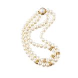 Pearl and diamond necklace the double strand of pearls measuring approximately 9.00 to 10.00mm