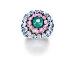 Diamond, emerald, tourmaline, aquamarine and sapphire dress ring, 1960s designed as a domed