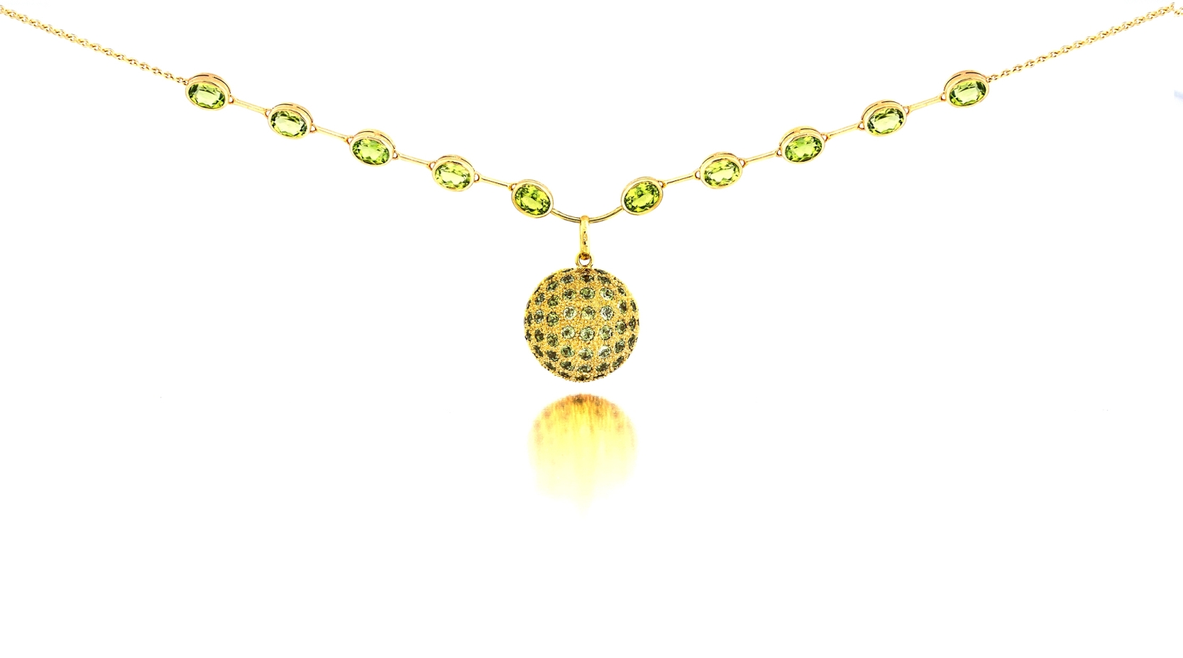 Peridot pendant necklace the textured gold spherical pendant inlaid with peridots, to a gold bale