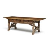 A fruitwood refectory table, 17th/18th century the rectangular two-plank peg top above three moulded