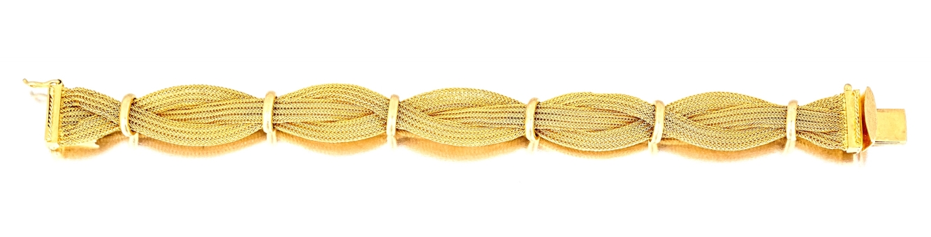 18ct gold bracelet composed of three woven and plaited strands divided by plain spacers, length