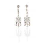 Pair of diamond pendant earrings millegrain-set with brilliant- and eight-cut diamonds weighing