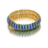 Enamel and gold bracelet articulated with alternating bands of green and blue enamel, length