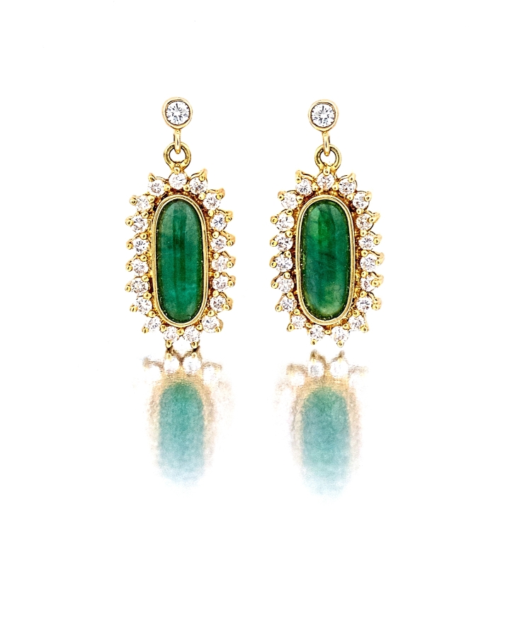 Pair of jade and diamond earrings collet-set with an oval jade plaque, enclosed by claw-set round