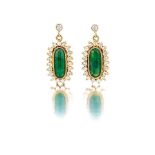 Pair of jade and diamond earrings collet-set with an oval jade plaque, enclosed by claw-set round