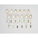 A set of twelve Edward VII silver and enamel teaspoons, Levi & Salaman, Birmingham, 1908 and 1909