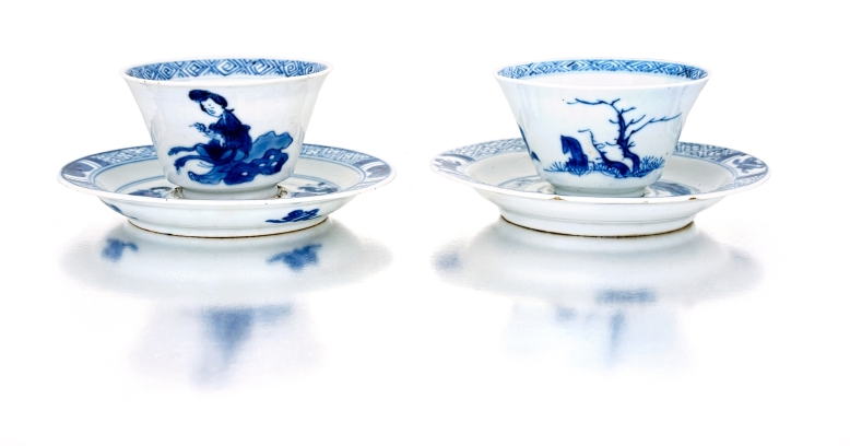 Two Chinese blue and white tea bowls and saucers, Qing Dynasty, 18th century one painted with a