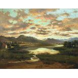 Tinus (Marthinus Johannes) de Jongh Lagoon at Sunset signed oil on canvas laid down on board 53 by