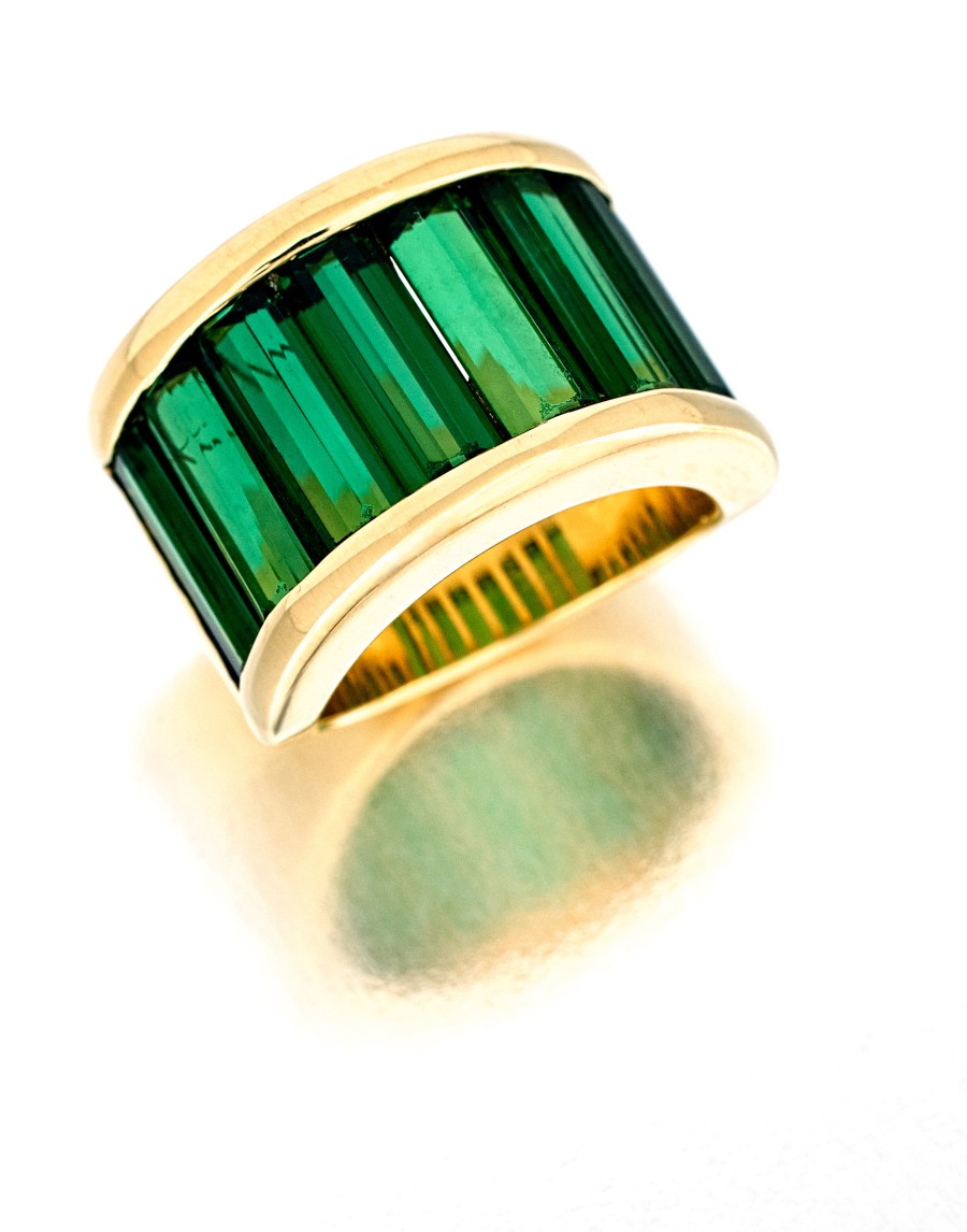 Tourmaline ring channel-set with eight rectangular-cut tourmalines, stamped maker's mark 'ANPA',