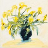 Aileen Lipkin Vase of Yellow Irises and Tulips signed oil on canvas 91 by 91cm