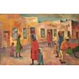 James Vicary Thackwray District Six with Figures in a Street signed oil on canvas 50 by 75cm