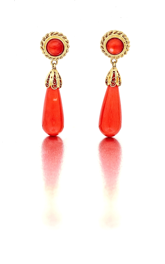 Pair of coral drop earrings "composed of a collet-set cabochon coral enclosed by double rope-twist