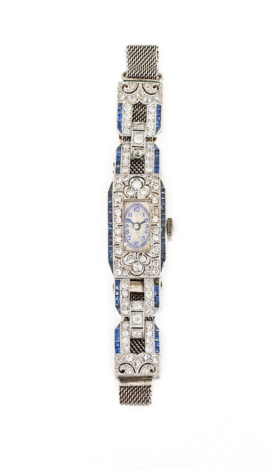 Edwardian lady's sapphire and diamond cocktail watch the rectangular silvered dial with blue