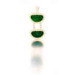 Jade and diamond pendant composed of two semi-circular carved jade plaques enclosed by a border of