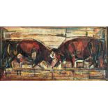 Sidney Goldblatt Bulls signed and dated '58 oil on board 60 by 120cm