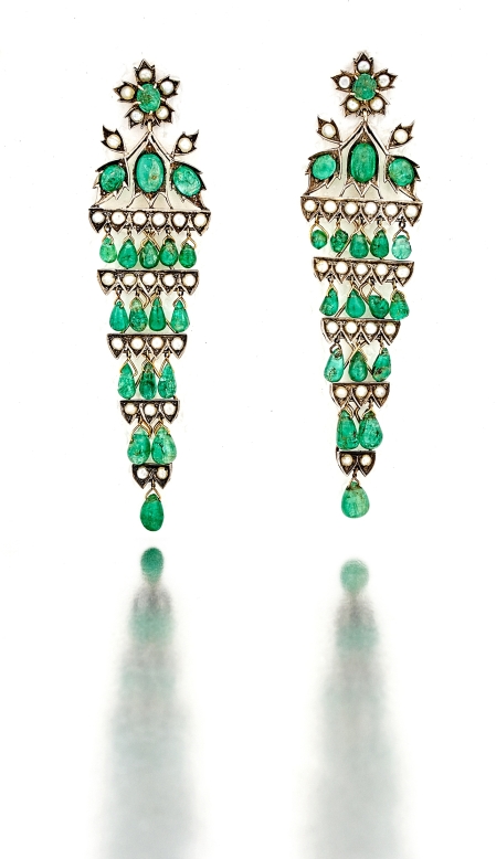 Pair of Indian emerald and pearl drop earrings, retailed by Harrods, London designed as a flowerhead