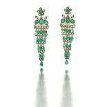 Pair of Indian emerald and pearl drop earrings, retailed by Harrods, London designed as a flowerhead
