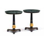 A pair of ebonised and parcel-gilt marble-topped tables, 20th century each with bevelled mottled