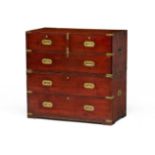 A Victorian mahogany and brass-bound military chest-on-chest the upper half with two short drawers