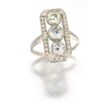Three-stone diamond ring, early 20th century collet-set with three old-cut diamonds to an openwork