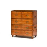 A camphorwood and brass-mounted military chest-on-chest, 19th century the rectangular top above a