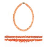 Angelskin coral necklace "composed of woven beads, length approximately 430mm; and two branch-form