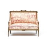 A French parcel-gilt and green-painted settee, late 19th century the rectangular back with ribbon