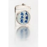 A Chinese porcelain-mounted silver case, 20th century collet-set to the front with a circular blue