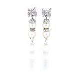 Pair of pearl and diamond earrings headed by a butterfly pavé-set with round brilliant-cut diamonds,