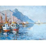 Terence John McCaw Fishing Boats, Hout Bay signed and dated 76 oil on board 45 by 60cm