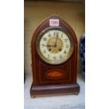 An Edwardian mahogany and inlaid lancet form mantel mantel clock, the movement signed 'Japy