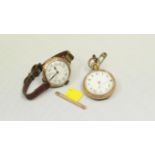 A 9ct gold wristwatch, on leather strap; together with a gold plated pocket watch; and a 15ct gold