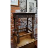 A 17th century style carved oak joint stool, 45.5cm wide.  Condition Report: Condition