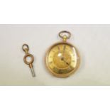 A continental 18k gold open faced pocket watch, having 3cm gold dial decorated Roman numerals, key