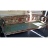 A 19th century Scandinavian polychrome painted pine bench, 190cm wide.  Condition Report: