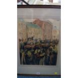 William Conor (Irish), 'The Horse Fair', signed, inscribed on original label verso, watercolour,