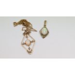 An Edwardian yellow metal pendant, set central oval cabachon opal and four seed pearls, on 9ct