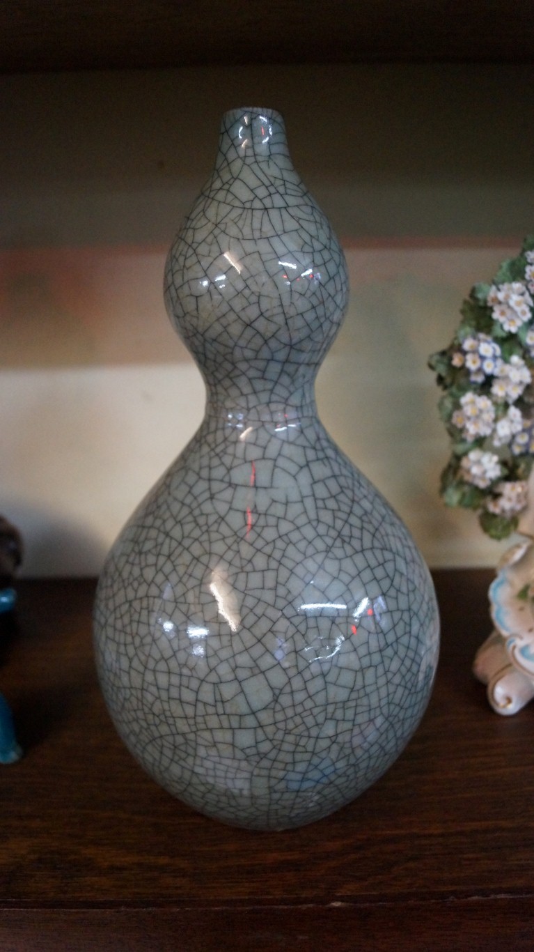 A Chinese crackle glaze double gourd vase, 29.5cm high; together with an unusual Chinese carved - Image 2 of 5