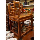 A Chinese carved wood armchair, 60cm wid
