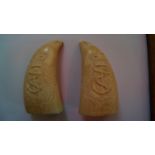 Scrimshaw: a pair of Victorian carved wh