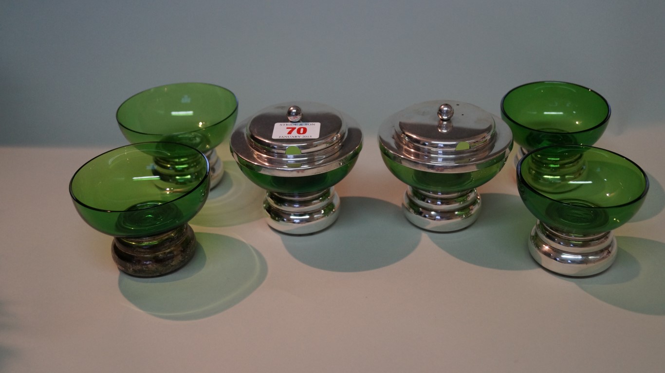 A set of six contemporary silver and green glass condiments, and matching silver gilt spoons, by - Image 4 of 12